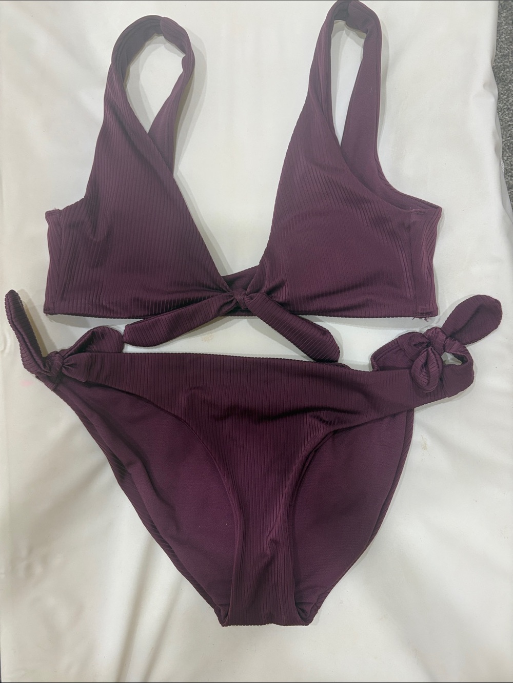 No Boundaries Plum Ribbed Tie-Front Bikini Set - Women Swim